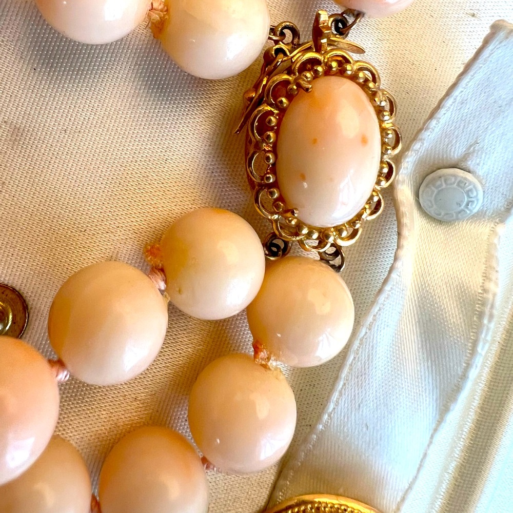 18k gold Vintage Angel Skin Coral Necklace and matching Earrings. Final price.